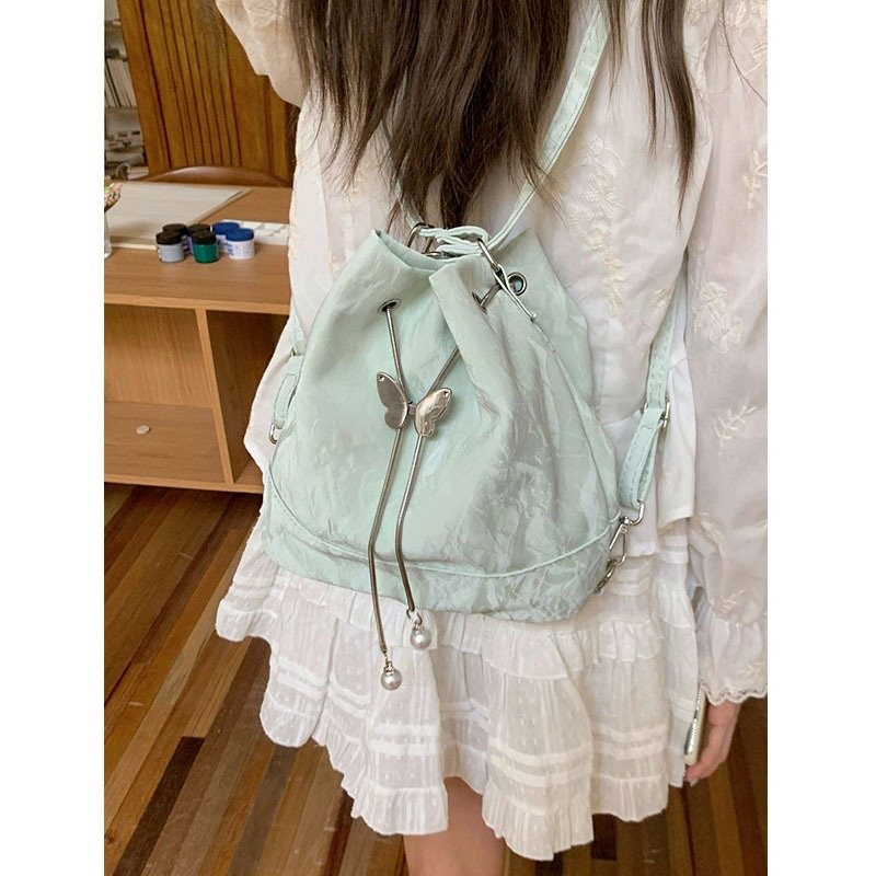 Leather Work Backpack - Mochila con cordón y mariposa verde